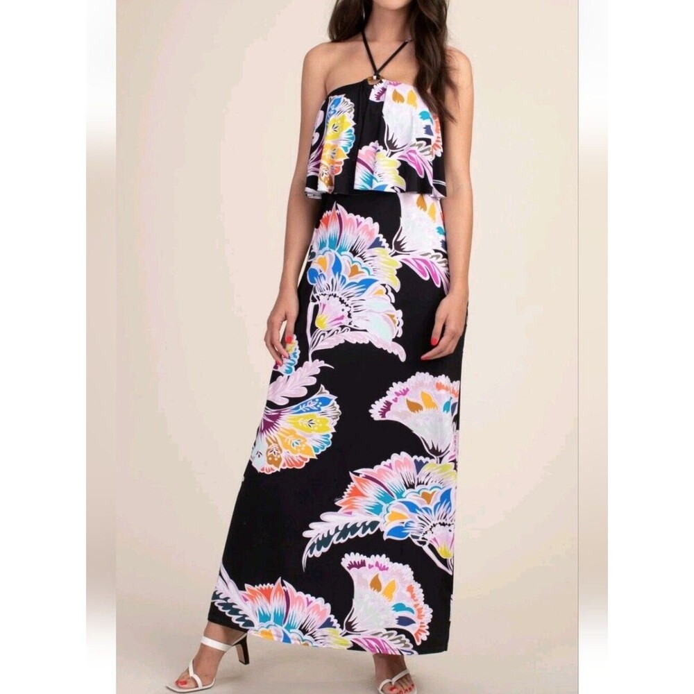 Trina Turk Black Floral Halter Midi Dress Size S
